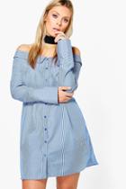 Boohoo Plus Cait Off The Shoulder Shirt Dress Blue