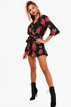 Boohoo Katie Rose Print Wrap Ruffle Playsuit