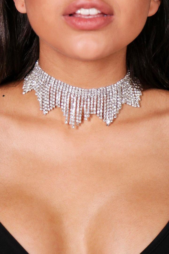 Boohoo Lydia Statement Waterfall Diamante Choker Silver
