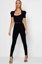 Boohoo Cecilia Square Neck Puff Sleeve Belted Jumpsuits