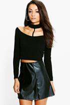 Boohoo Tall Maddie Textured Off The Shoulder Neck Strap Crop Black