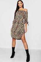 Boohoo Leopard Print Horn Button Bardot Shift Dress