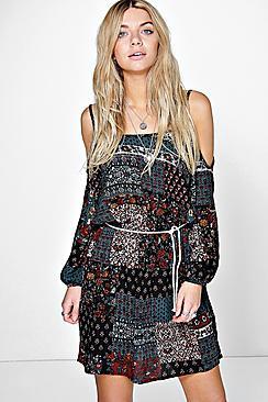 Boohoo Sandra Patchwork Open Shoulder Skater Dress