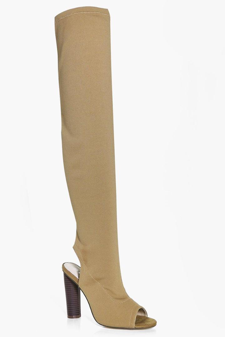Boohoo Lena Knitted Peeptoe Over The Knee Boot Nude