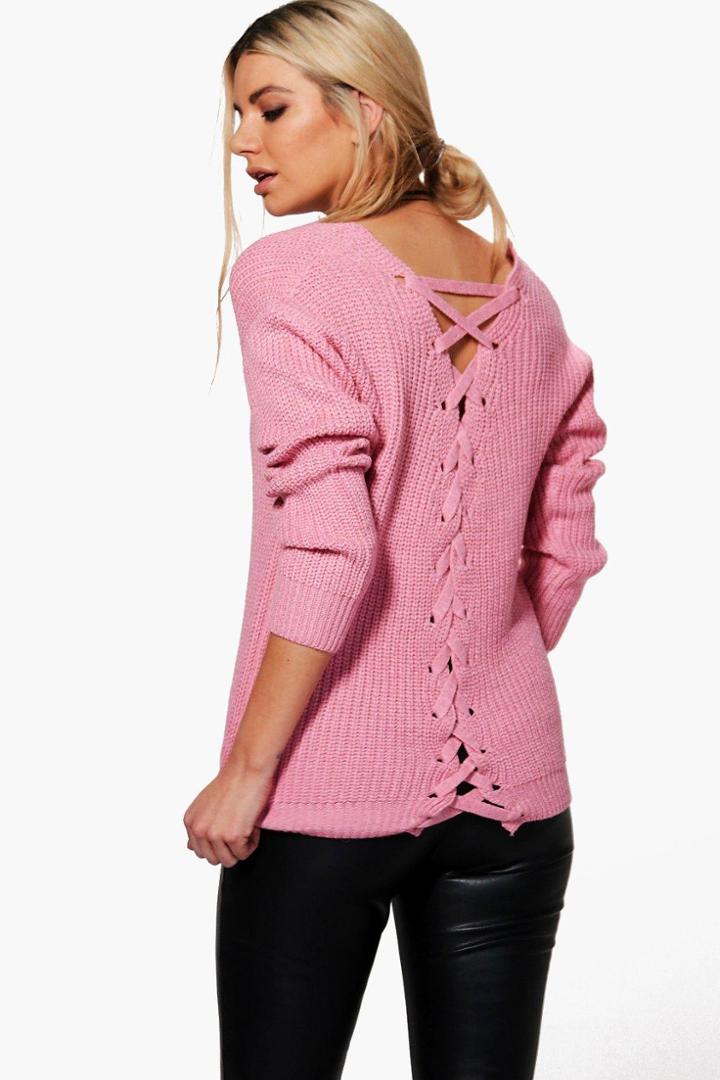 Boohoo Grace Lace Up Back Oversized Jumper Blush