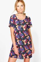 Boohoo Emrata Floral Cap Sleeved Shift Dress Black