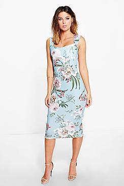 Boohoo Molly Floral Print Sweatheart Midi Bodycon Dress