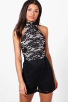 Boohoo Freya All Over Lace High Neck Playsuit Black