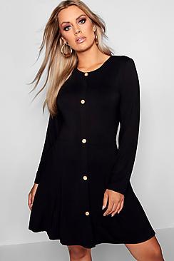 Boohoo Plus Button Long Sleeve Skater Dress