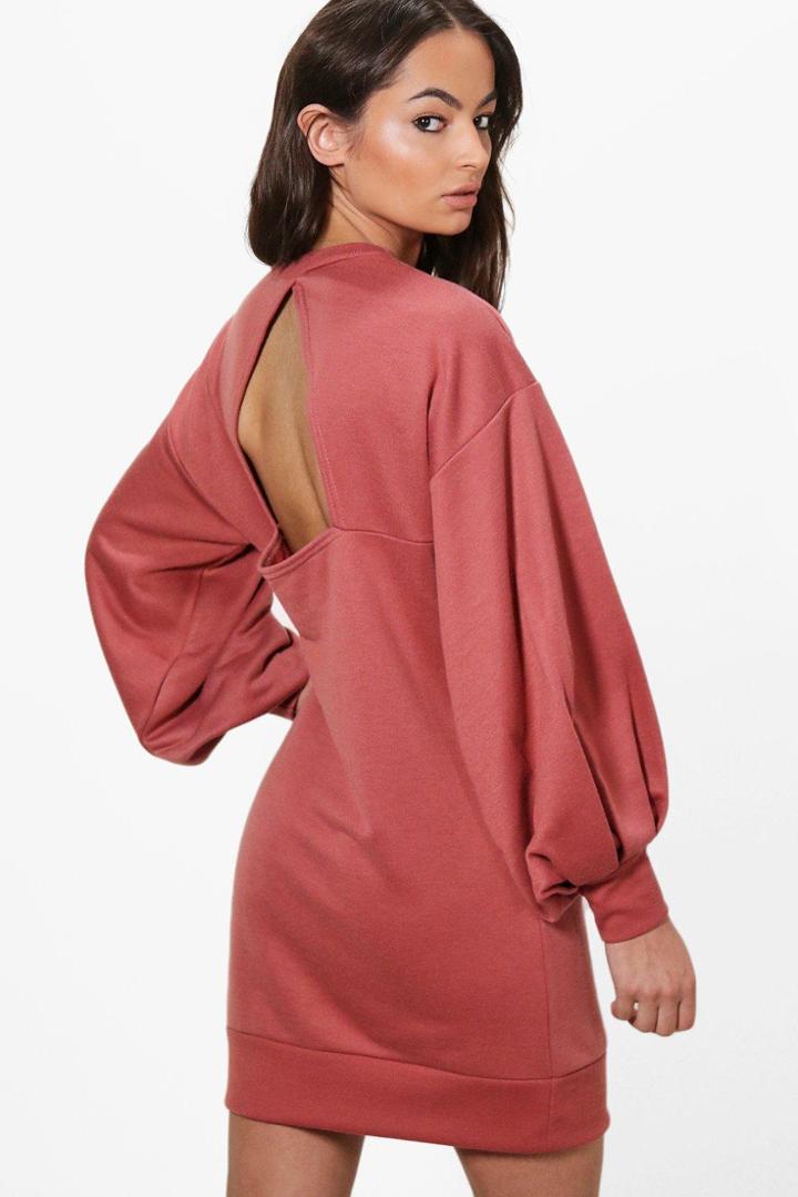 Boohoo Ola Open Back Balloon Sleeve Sweat Dress Rose