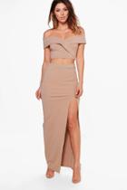 Boohoo Mia Off Shoulder Crop & Maxi Skirt Co-ord Set Sand