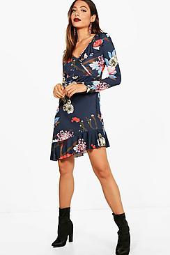 Boohoo Lo Asymmetric Wrap Floral Ruffle Tea Dress