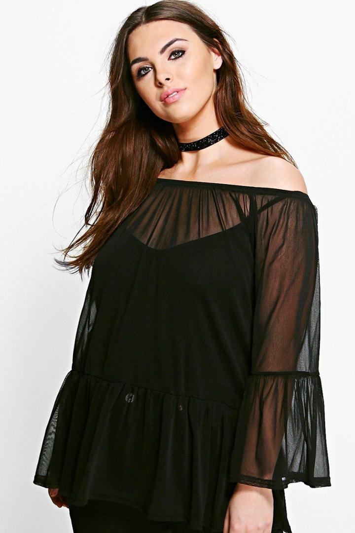 Boohoo Plus Rebecca Bardot Frill Hem Mesh Top Black