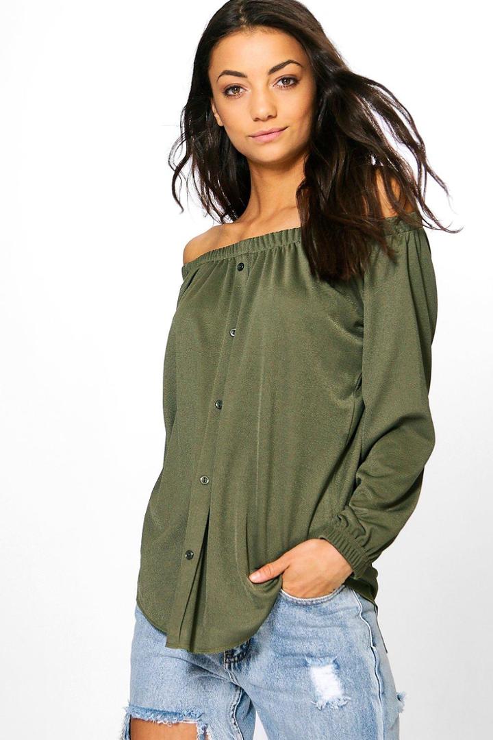 Boohoo Tall Romia Button Through Off The Shoulder Top Khaki