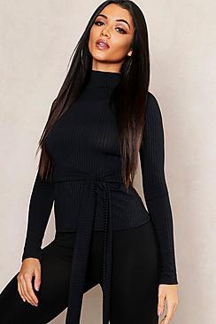 Boohoo Jumbo Rib High Neck Self Belt Top