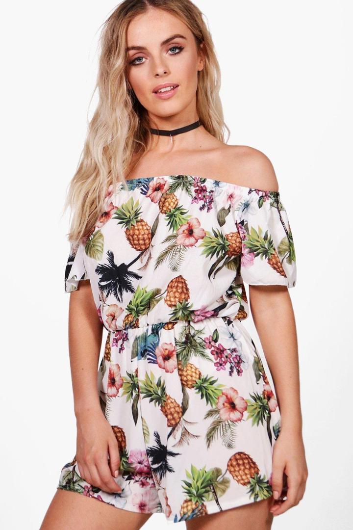 Boohoo Lottie Pineapple Print Off Shoulder Playsuit Multi