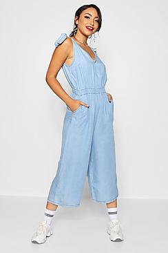 Boohoo Tie Shoulder Wide Leg Denim Jumpsuit
