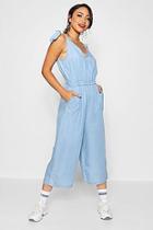 Boohoo Tie Shoulder Wide Leg Denim Jumpsuit