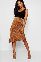 Boohoo Tan Satin Leopard Asymetric Hem Midi Skirt