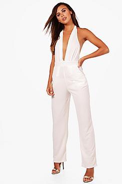Boohoo Petite Julia Halterneck Wide Leg Crepe Jumpsuit