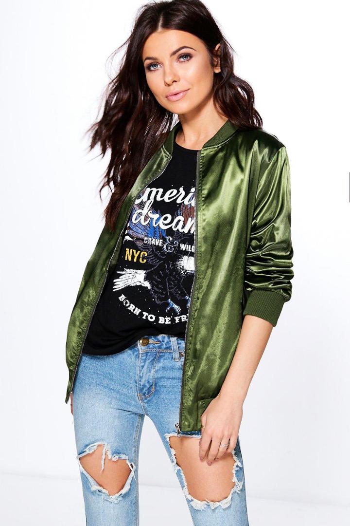 Boohoo Petite Abbi Longline Satin Bomber Khaki