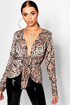 Boohoo Snake Satin Drape Tie Front Top