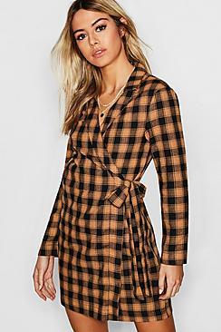 Boohoo Check Print Woven Wrap Blazer Dress