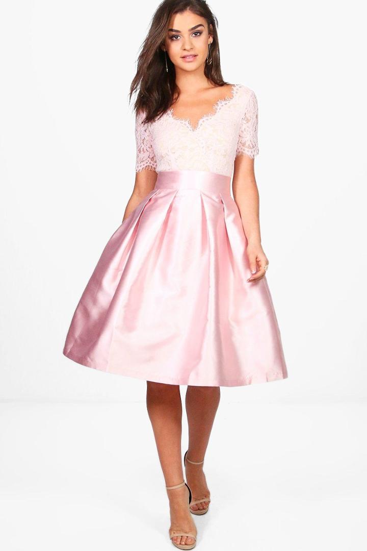 Boohoo Boutique Fay Eyelash Lace Skater Dress Blush