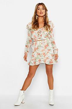 Boohoo Chiffon Floral Ruffle Detail Skirt Co-ord Set