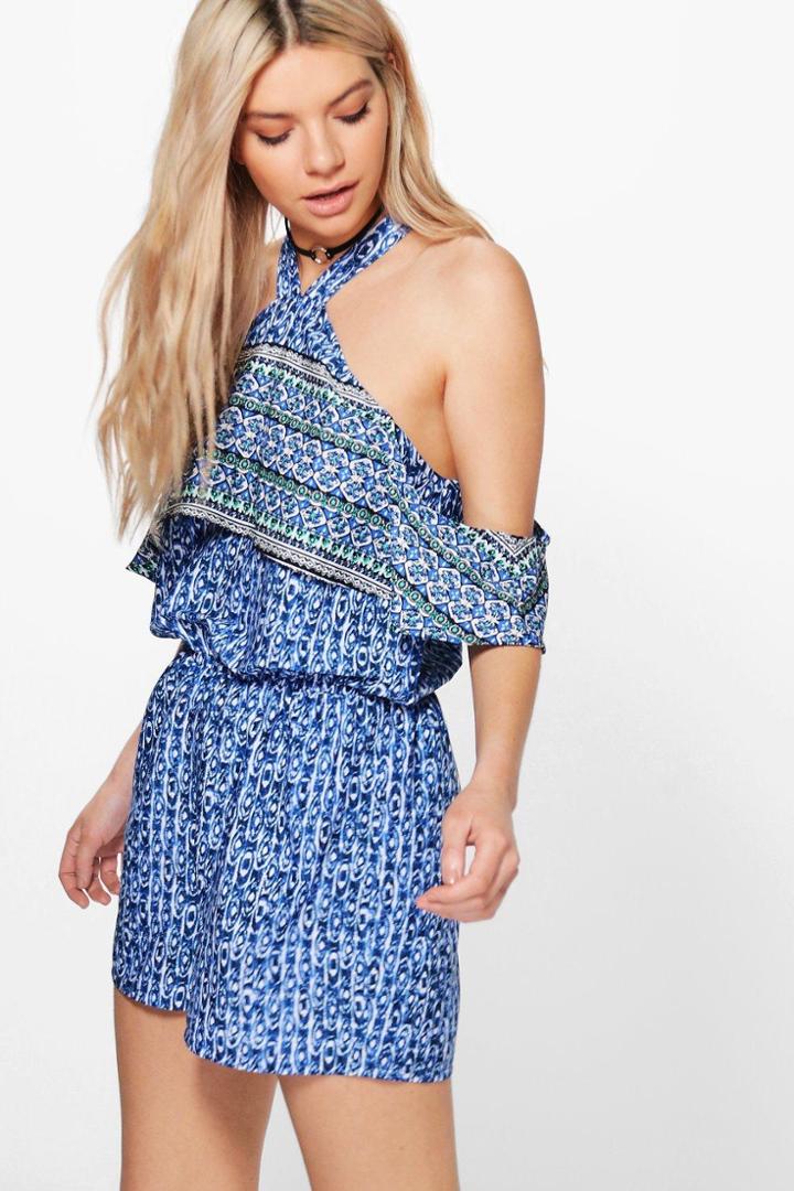 Boohoo Marlin Frill Cutaway Shoulder Printed Playsuit Blue