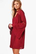 Boohoo Petite Boutique Ava Embroidered Wide Sleeve Swing Dress Wine