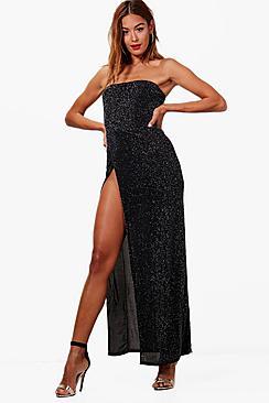 Boohoo Rhea Metallic Super High Split Maxi Dress