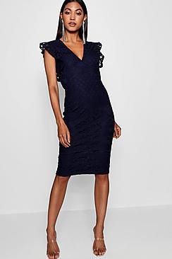 Boohoo Lace Ruffle Sleeve Detail Midi Dress