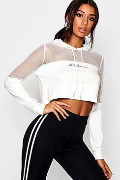 Boohoo Fit 'woman' Script Mesh Panel Crop Hoodie
