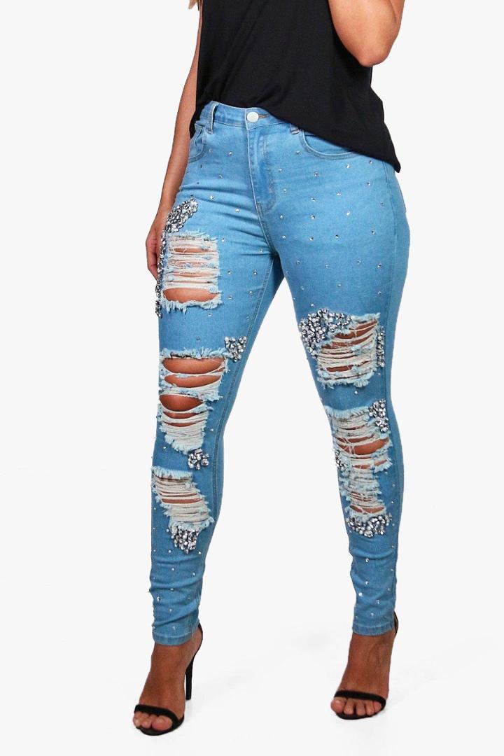 Boohoo Plus Nancy Boutique Gem Stone Rip Skinny Jean Blue