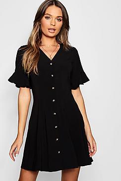 Boohoo Button Through Flared Sleeve Shift Dress