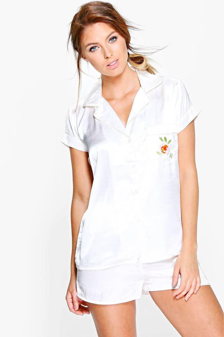 Boohoo Ellie Boutique Embroidered Satin Shirt + Shorts Set Cream