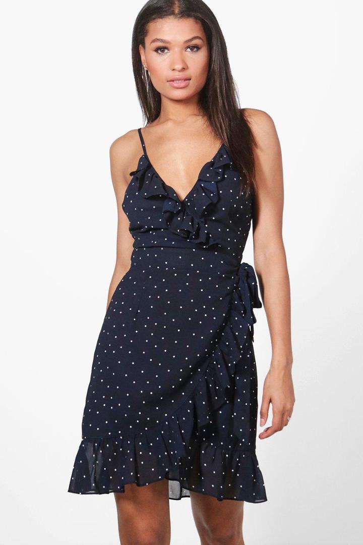 Boohoo Jackson Polka Dot Frill Wrap Skater Dress Navy