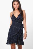 Boohoo Jackson Polka Dot Frill Wrap Skater Dress Navy
