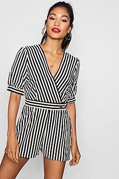 Boohoo Kitty Wrap Striped Playsuit With Puff Sleeve
