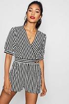 Boohoo Kitty Wrap Striped Playsuit With Puff Sleeve