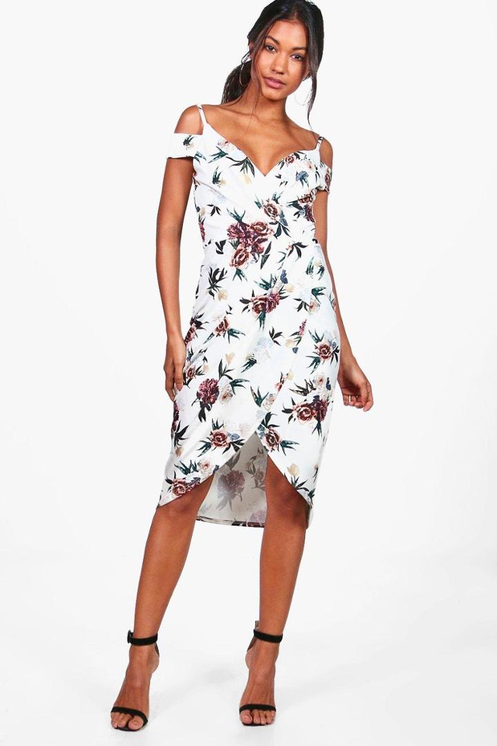 Boohoo Bethany Open Shoulder Floral Wrap Midi Dress Ivory