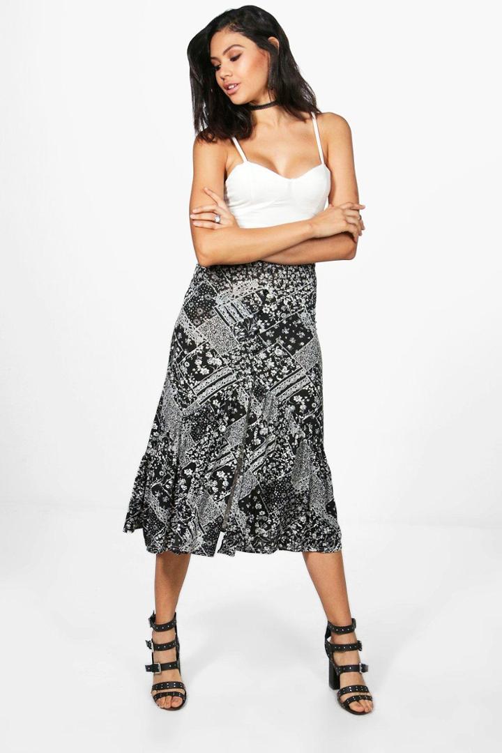 Boohoo Sierra Bohemian Drop Hem Button Front Midi Skirt Black