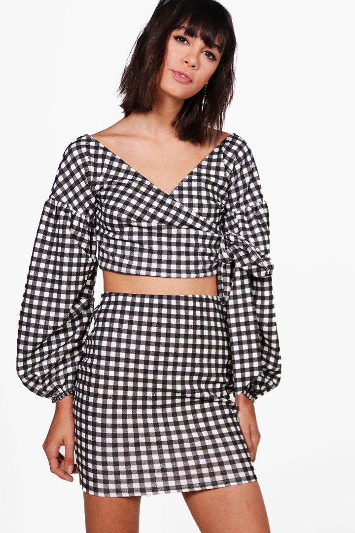 Boohoo Tina Gingham Wrap Crop & Skirt Co-ord Multi