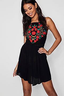 Boohoo Aza Square Neck Embroidered Skater Dress