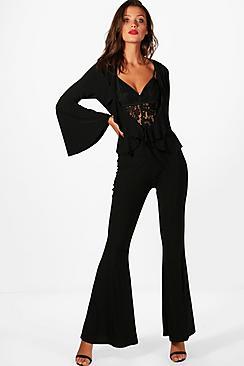 Boohoo Tall Ruffle Top And Wide Leg Trouser