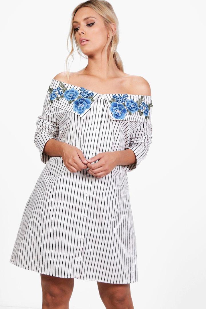 Boohoo Plus Sarah Striped Embroidered Shirt Dress Multi