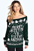 Boohoo Violet Slash Neck Filthy Animal Christmas Jumper