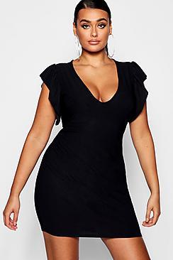 Boohoo Plus Frill Sleeve Plunge Bodycon Dress