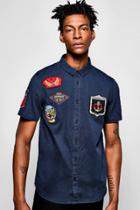 Boohoo Short Sleeved Badged Military Shirt Navy